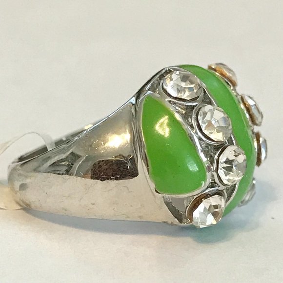 Vintage Green Enamel Cocktail Ring Silver Plated Crystal Rhinestone Size 8 Boho - Picture 5 of 10